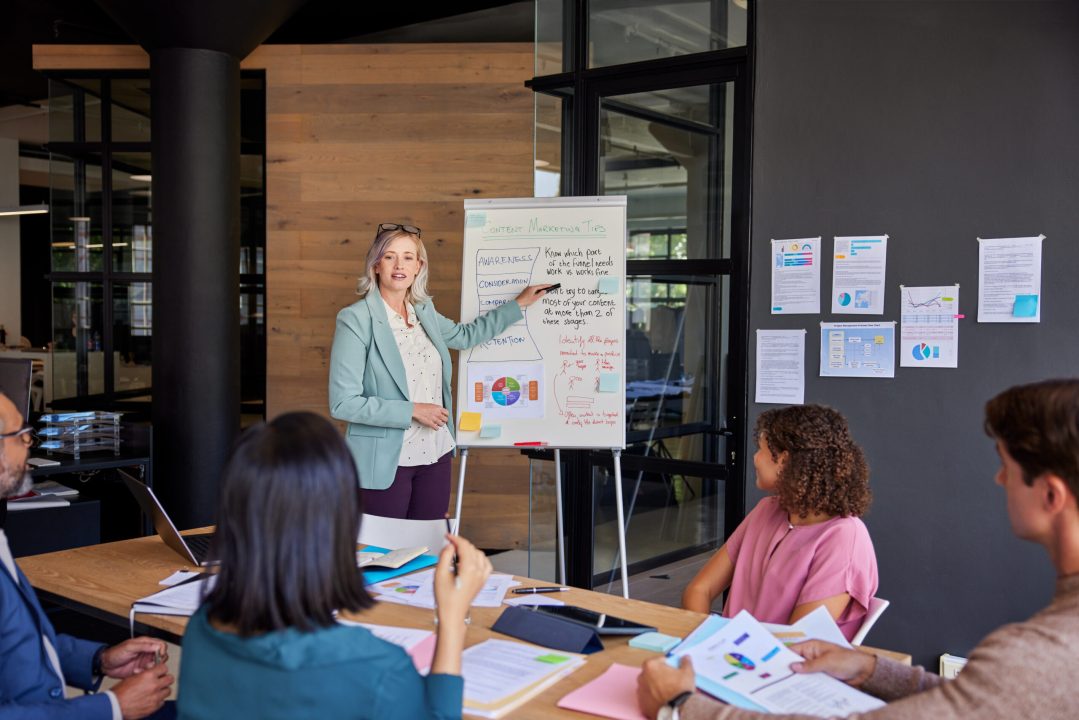 Mature businesswoman presenting marketing insights on a flipchart during a team meeting. Mid adult businesswoman talking and presenting company goals with colleagues in modern office. Leader explaining business strategy details to a focused group of businessmen and businesswomen in conference room.