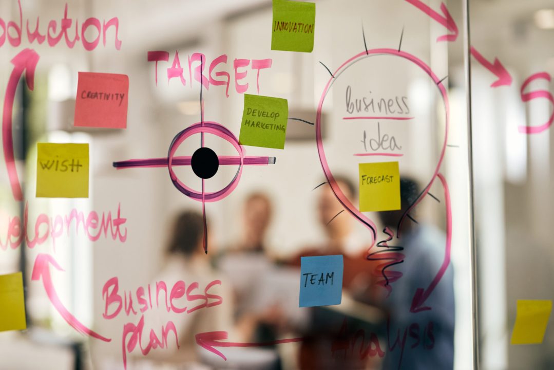 Business goals on mind map on glass wall in the office. There are people working in the background.